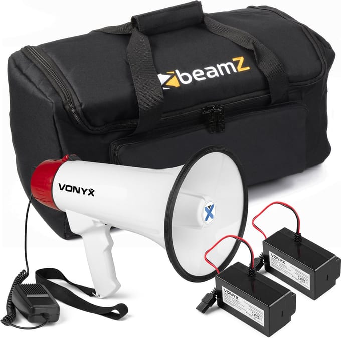 Vonyx MEG045 complete megafoon set met draagtas en 2x lithium-ion accu’s - Rood-witte megafoon - 45W