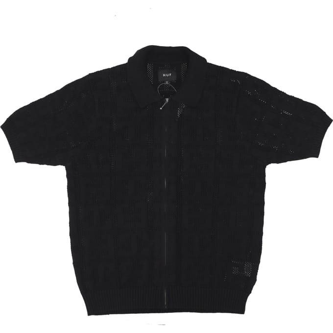 Herensweater met korte mouwen en monogramjacquard met rits, zwart