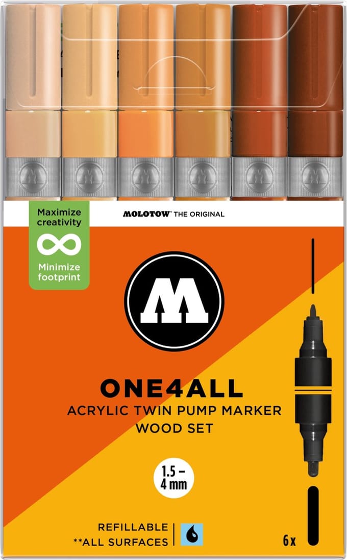 MOLOTOW ONE4ALL TWIN Acrylstiften Set - Hout - 6x (1,5+4mm) - Wood Set