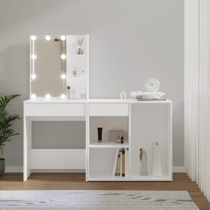 vidaXL - Kaptafel - met - kastje - en - LED's - bewerkt - hout - wit
