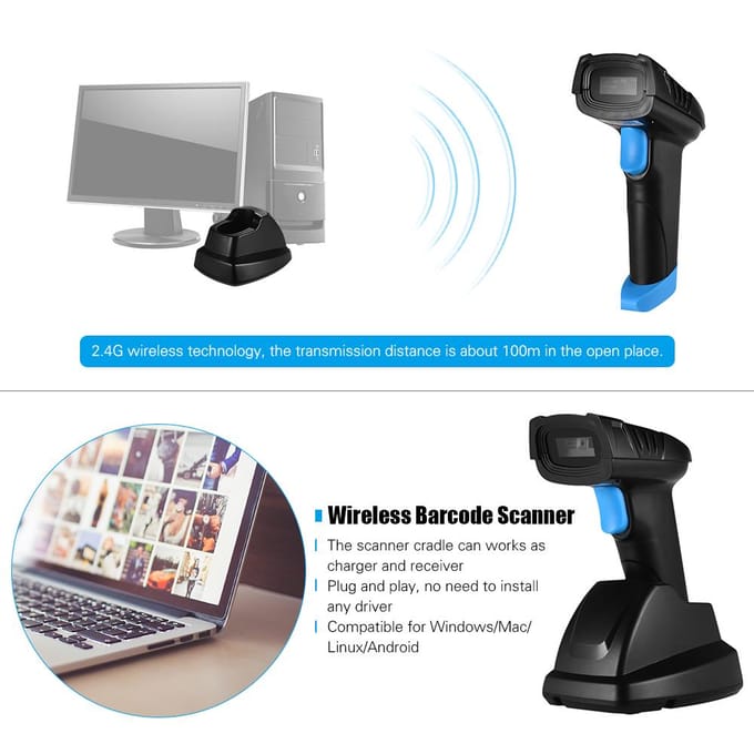 Aibecy Handheld 1D 2D QR Draadloze Barcode Scanner Barcode Reader met USB Cradle Ontvanger Opladen 1D zwart