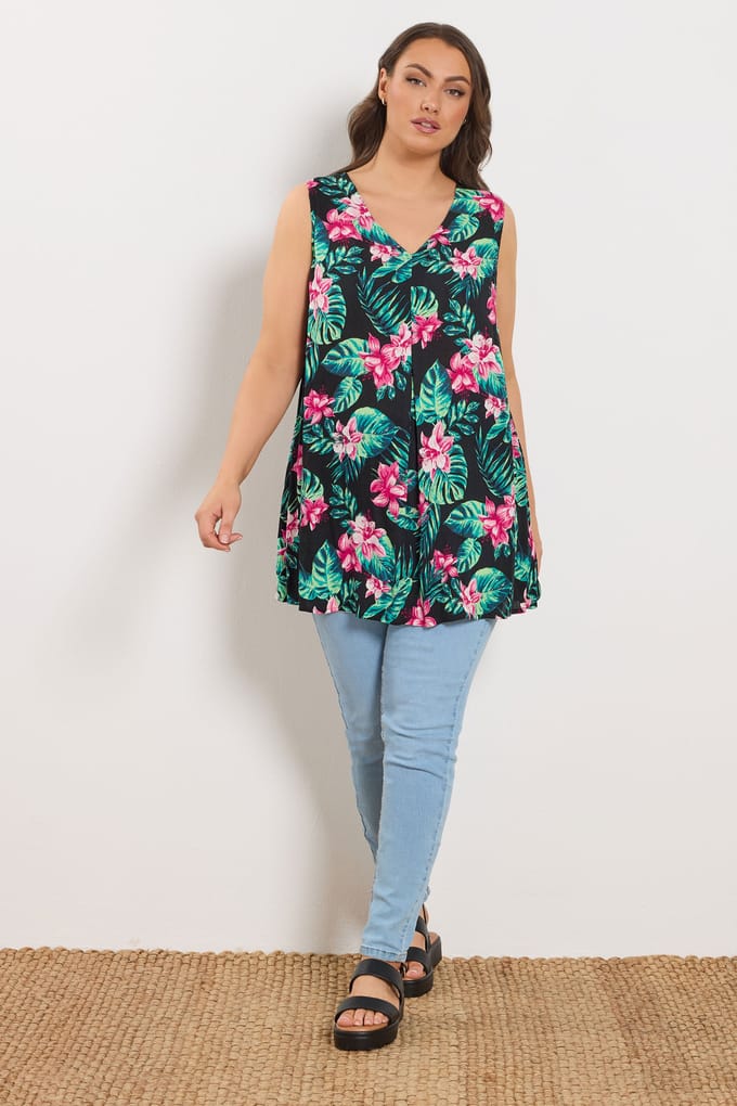 Yours Zwarte Tropische Voorvesttop Size 44