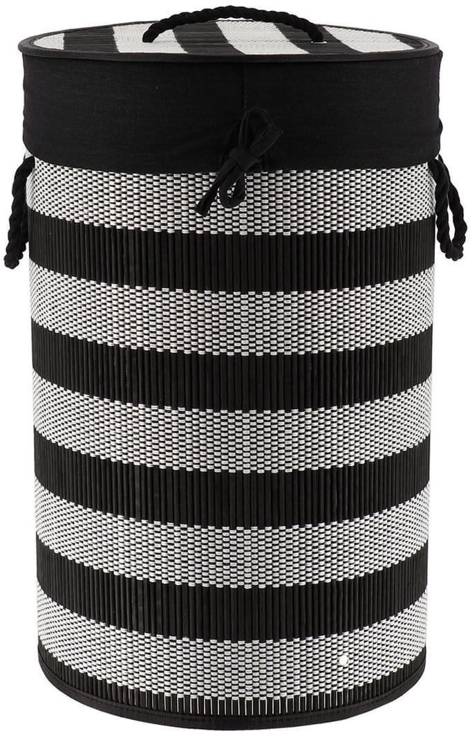 Tendance Wasmand Rustic met deksel bamboe - zwart/wit - rond - katoen/bamboe - 67 liter - 35 x 35 x 55 cm