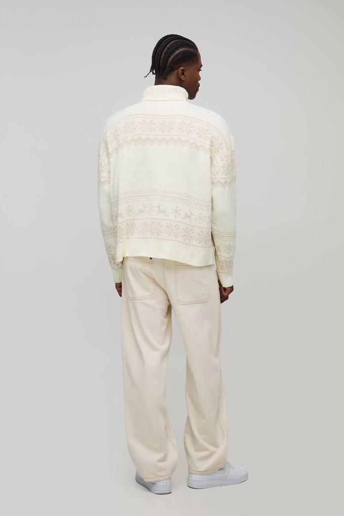 Oversized Boxy Roll Neck Christmas Fair Isle Knitted Jumper | Ecru | Size Medium