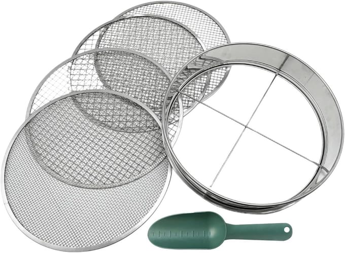 Tuinzeef Set - Grondzeef Zeef - Compost Zeven - Vier Verwisselbare Mates - 30 cm Diameter - Zilver