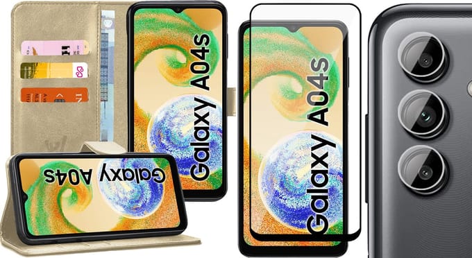 Hoesje geschikt voor Samsung Galaxy A04s / A13 5G - Screenprotector FullGuard & Camera Lens Screen Protector - Book Case Kunstleer Pasjeshouder Goud