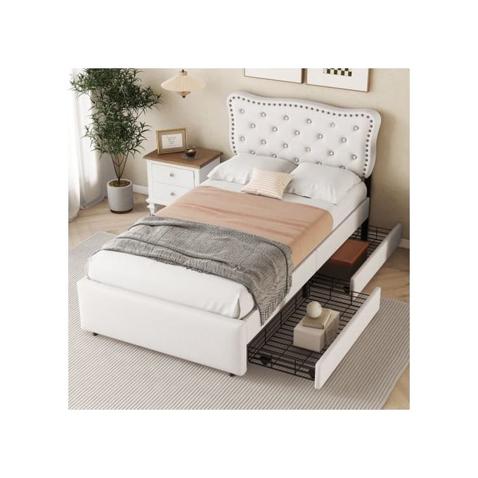 Lit - MUVOE - 90x200 cm - Beige clair - Rembourré avec tiroirs - Design élégant beige