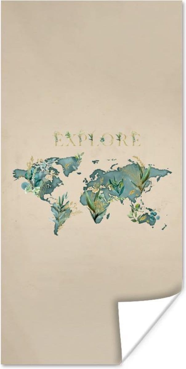 Poster Wereldkaart - Planten - Water - 75x150 cm