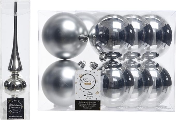 Kerstboom decoratie zilver piek en 12x kerstballen 10 cm
