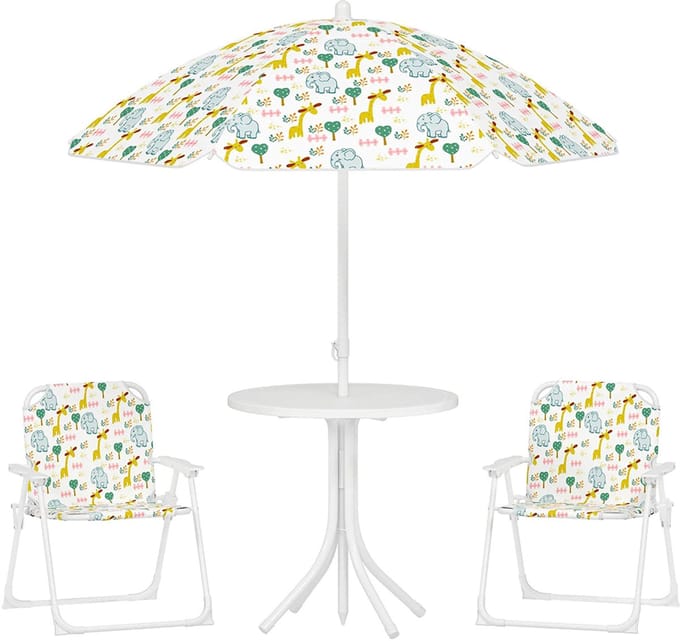Sweiko Kinderzitjeset - Tuintafel + 2 klapstoelen - Met parasol - Wit