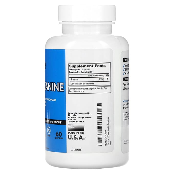 fitcode, L-théanine, 200 mg, 60 gélules végétales