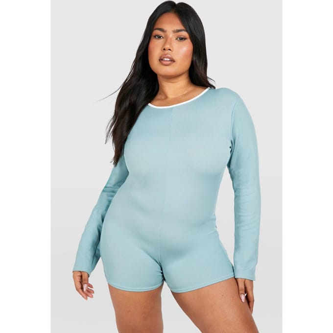 boohoo Dames Plus Rib Contrast Binding Playsuit | Blauw | Maat: 48
