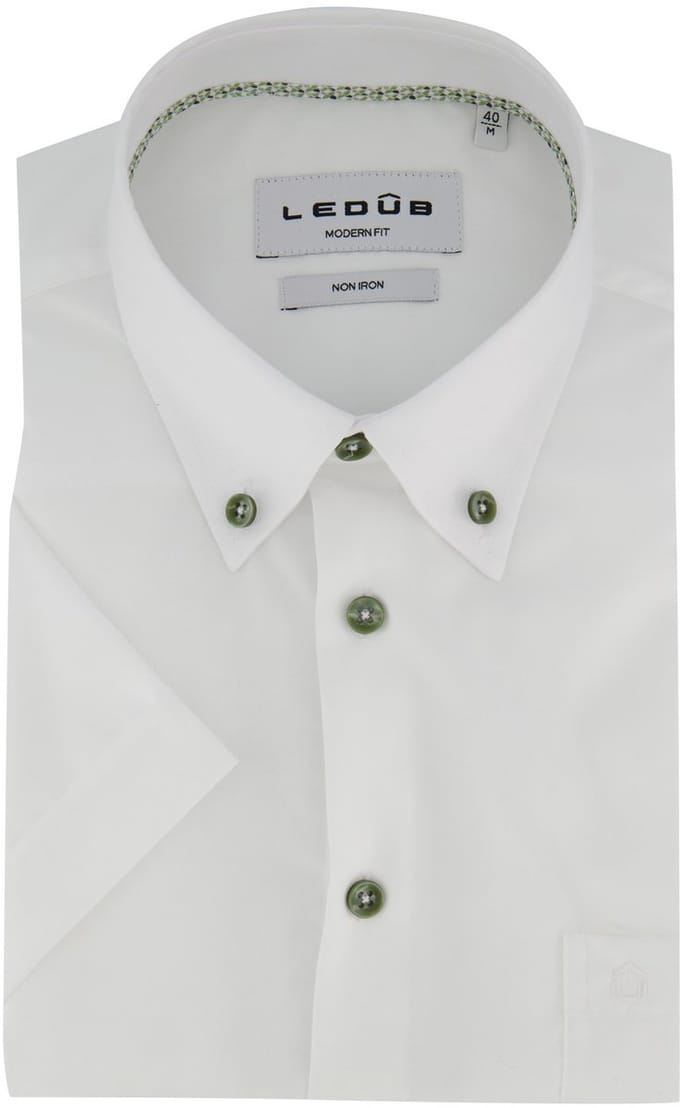 Wit Ledub overhemd korte mouw Modern Fit strijkvrij met groene knopen