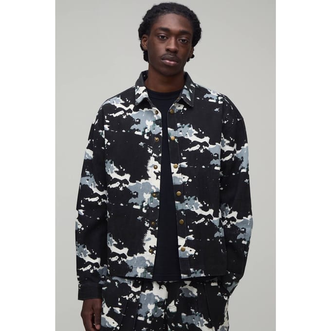 Oversized Boxy Overhemd Met Vervormde Camo Print | Green | Size Small