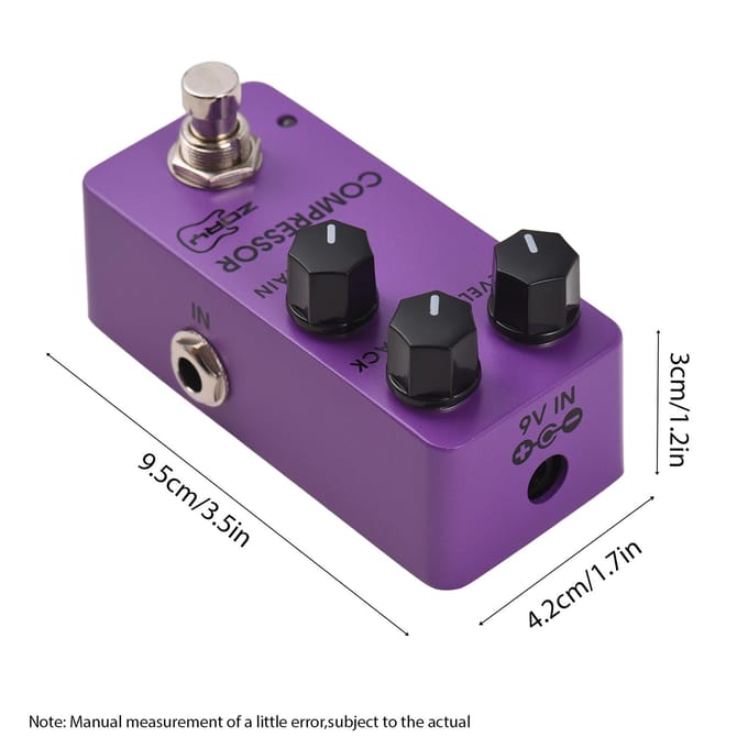 Pédale d'effets Compresseur de Guitare ZORY NIVEAU/ATTAQUE/SUSTAIN DC 9V Interface Entrée/Sortie 6,35 mm violet