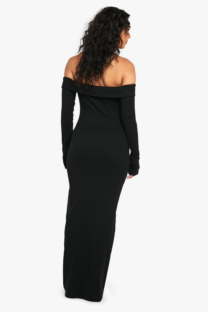 boohoo Dames Basic Rib Bardot Maxi | Black | Maat: 16