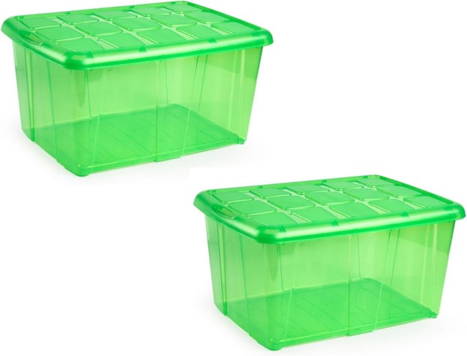 Plasticforte opslagbak organizers met deksel - 2x - transparant/groen - 60 liter - kunststof