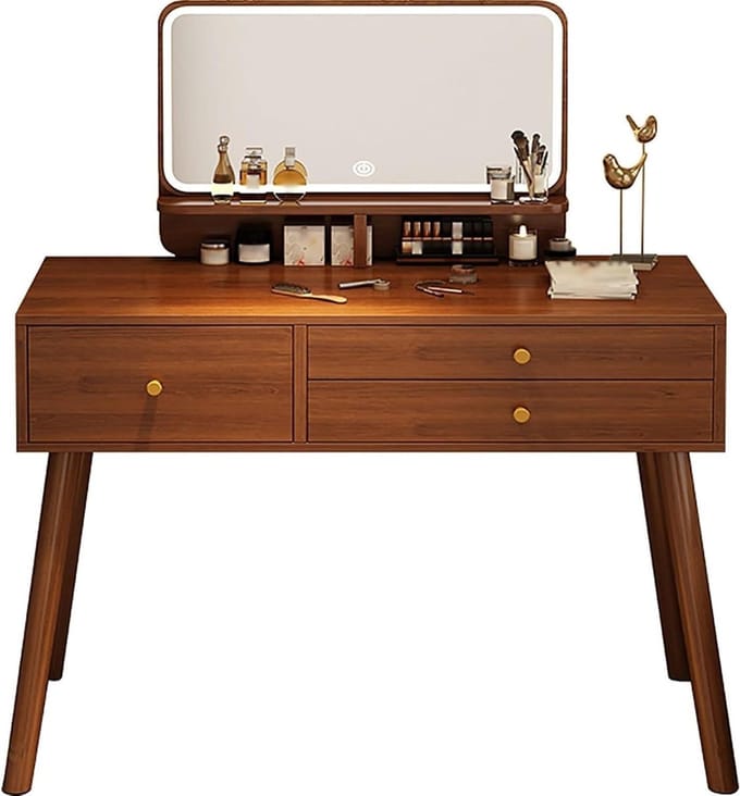Kaptafel met Spiegel - Make-up tafel Vanity desk - Schoonheidsroutine - Verstelbare LED Verlichting - 100cm - Walnoot