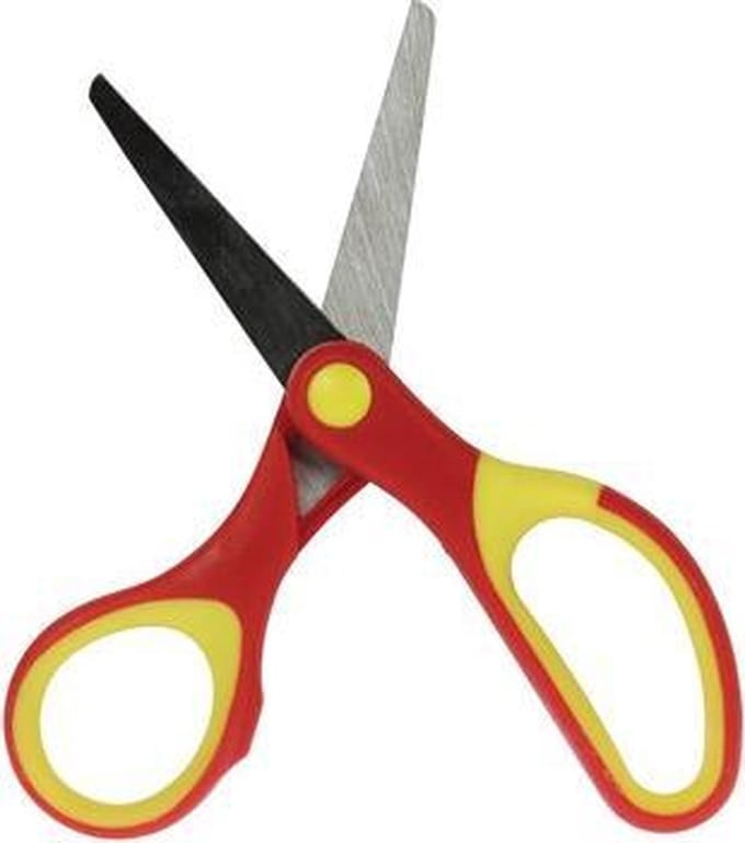 Gallery schaar 13 cm, afgeronde punt, rood en geel, op blister