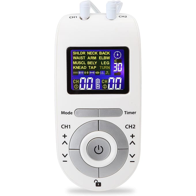Draagbaar tweekanaals TENS&EMS-apparaat Pulsstimulator Spierstimulatoreenheid 12 massagemodi 40 wit