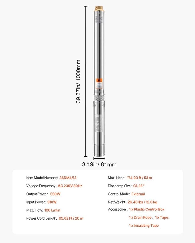 550W Dompelpomp voor Diepe Put Roestvrij Staal Waterpomp 174ft 100L/min