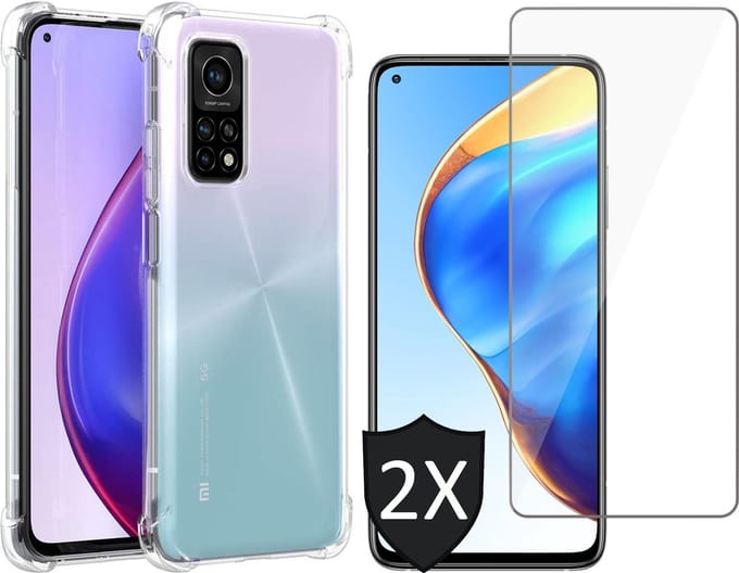 Hoesje geschikt voor Xiaomi Mi 10T Pro - Transparant Shock Proof Cover Case + 2x Screenprotector Tempered Glass Screen Protector Glas