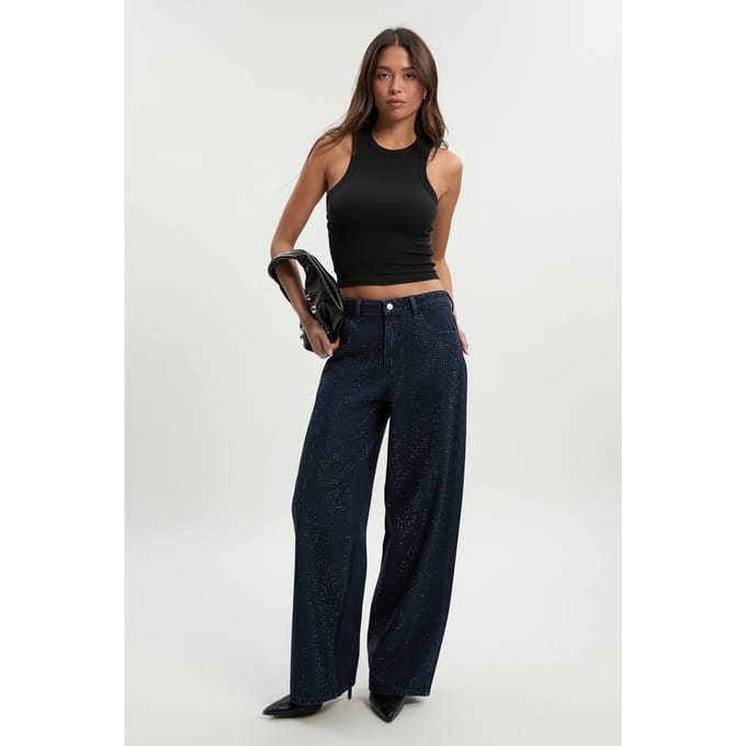 boohoo Dames Versierde hoge taille wijde pijpen jeans | Donker Indigo | Maat: 44