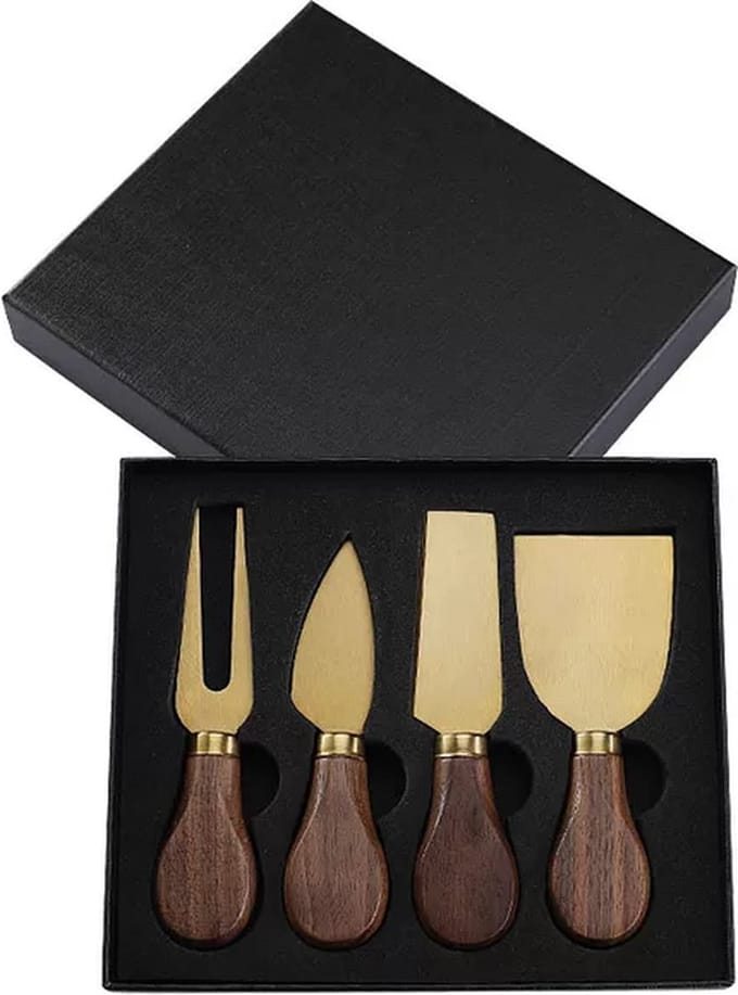 Kaasmessen set - 4 kaasmesjes - Bamboe/RVS - Goud - Geschenkverpakking