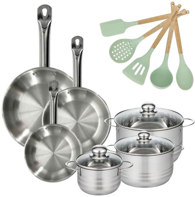Set van 3 Pannen 20/24/28cm en 3 Kookpotten 16/20/24cm Fackelmann Etherna met 5 keukengerei