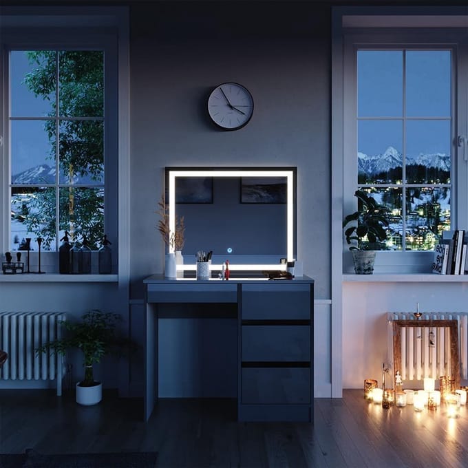Make-uptafel Set met Kruk en LED Spiegel Grijs 90 cm