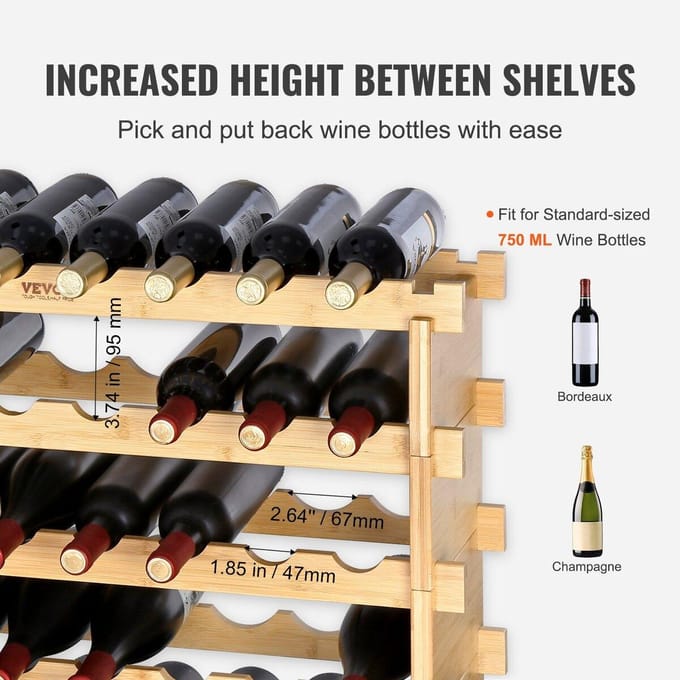 Étagère de présentation modulaire empilable pour 48 bouteilles de vin en bois de bambou 6 niveaux