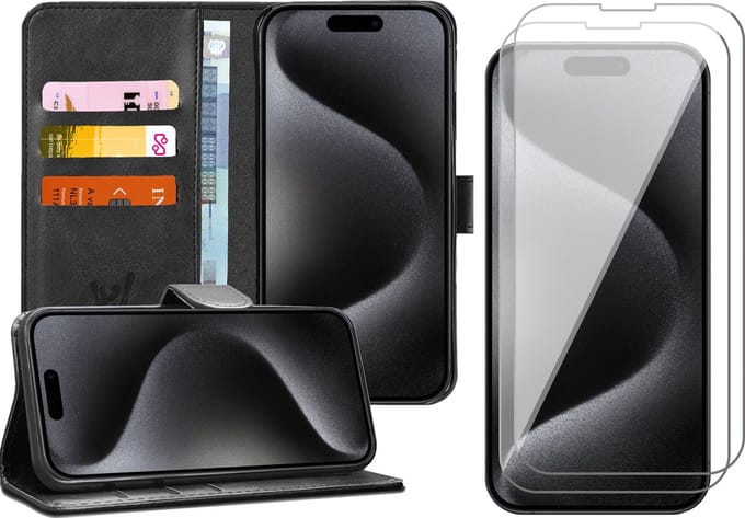 Hoesje geschikt voor iPhone 15 Pro Max - 2x Screen Protector GlassGuard - Book Case Kunstleer Pasjeshouder Zwart & Screenprotector