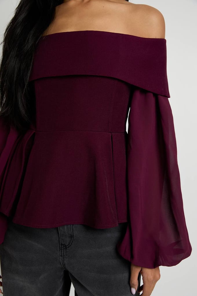 boohoo Dames Chiffon crêpe Bardot-blouse | Plum | Maat: 6