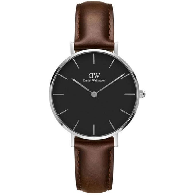 Daniel Wellington Petite Silver Bristol Black DW00100177 - Horloge - 32mm - Leer - Bruin