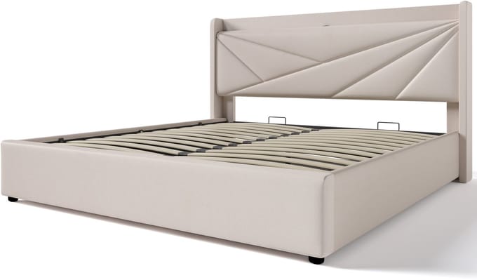 COVREO Bedframe 140x200 cm, 146 cm, beige stof, USB-C, zonder matras
