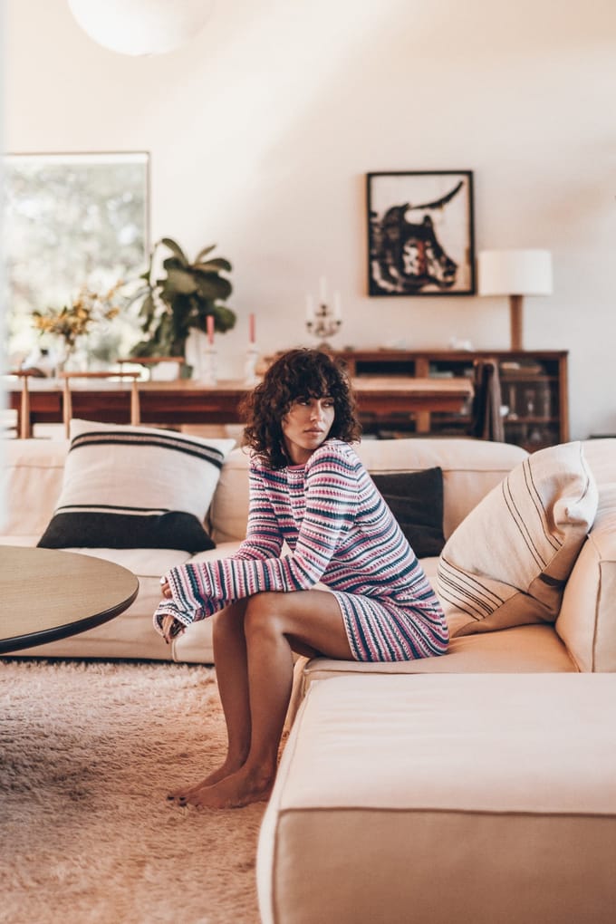 Mikuta The Striped Knitted Low Back Longsleeve Dress White Größe: L | Maxikleider Outlet | Damen | Weiß