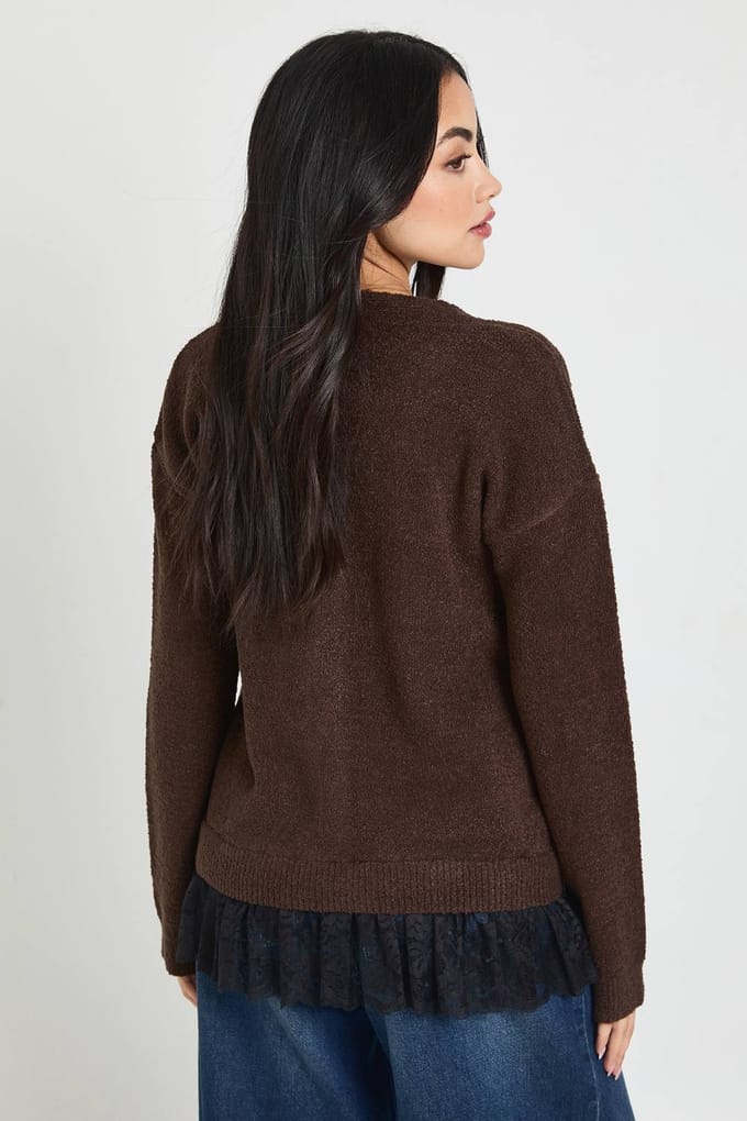 boohoo Dames Gebreid Vest met Kant Zoom | Chocolate | Maat: Medium