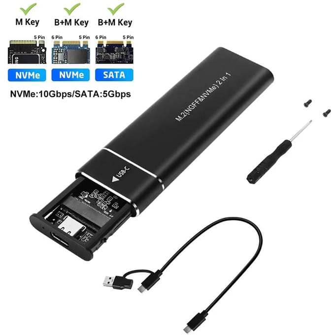 Boîtier SSD M.2 Double Protocole NVMe SATA Boîtier Adaptateur SSD 10Gbps USB 3.1 Type C Boîtier M.2 Externe Prend en Charge les Clés M les Clés B&M NVMe SATA Black