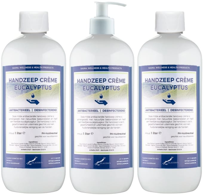 Handzeep Crème Eucalyptus 1 liter - set van 3 stuks - met gratis pomp - Voordeelverpakking