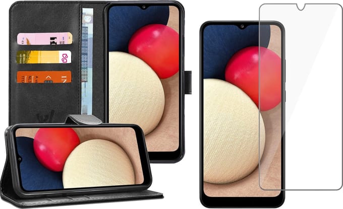 Hoesje geschikt voor Samsung Galaxy A02s - Screen Protector GlassGuard - Book Case Kunstleer Pasjeshouder Zwart & Screenprotector