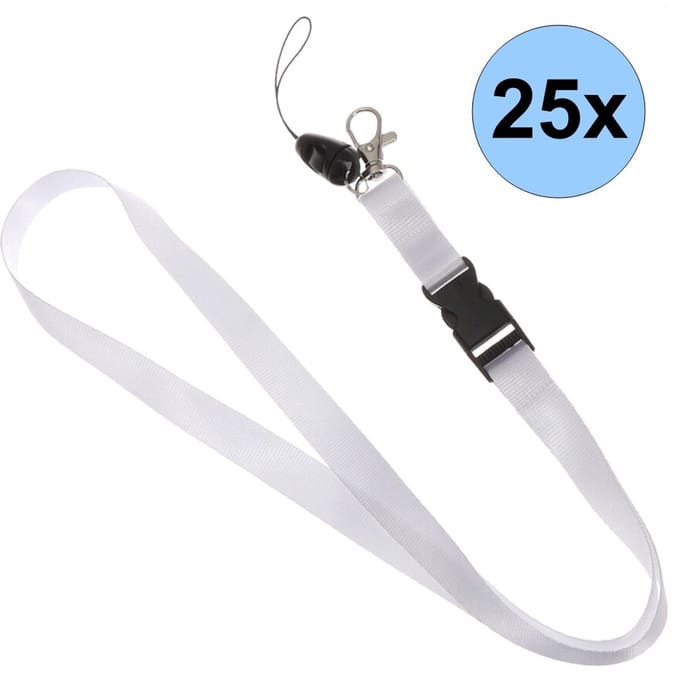25 Witte Keycords - Keycord - Lanyard - Sleutelkoord - Badgehouder - 51cm - 20mm - Wit - 25 Stuks