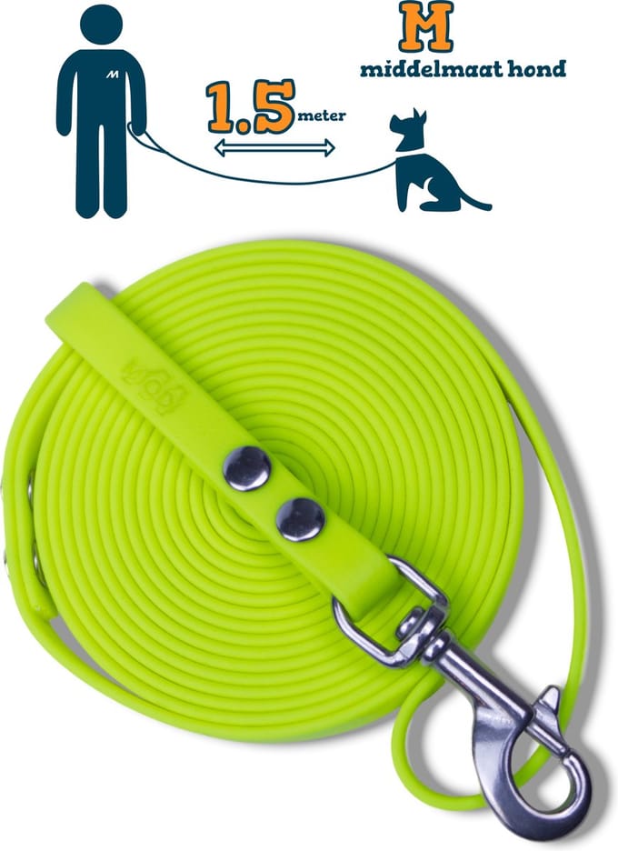Miqdi hondenriem - BioThane® – neon geel – 1.5 meter lang – 13mm breed – M – middelmaat hond
