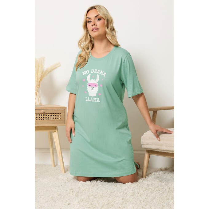 Yours Groen Llama Nachthemd Met Split Aan De Zijkant Size 58-60
