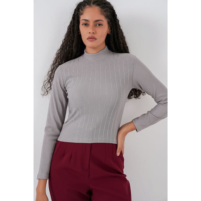 Gestreepte Halve Col Lange Mouwen Top met Stenen Detail
