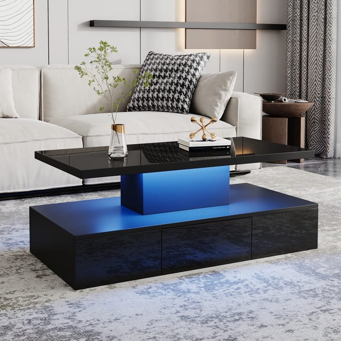 Sweiko Salontafel - LED verlichting - Hoogglans - Open schap - Met lade - Zwart