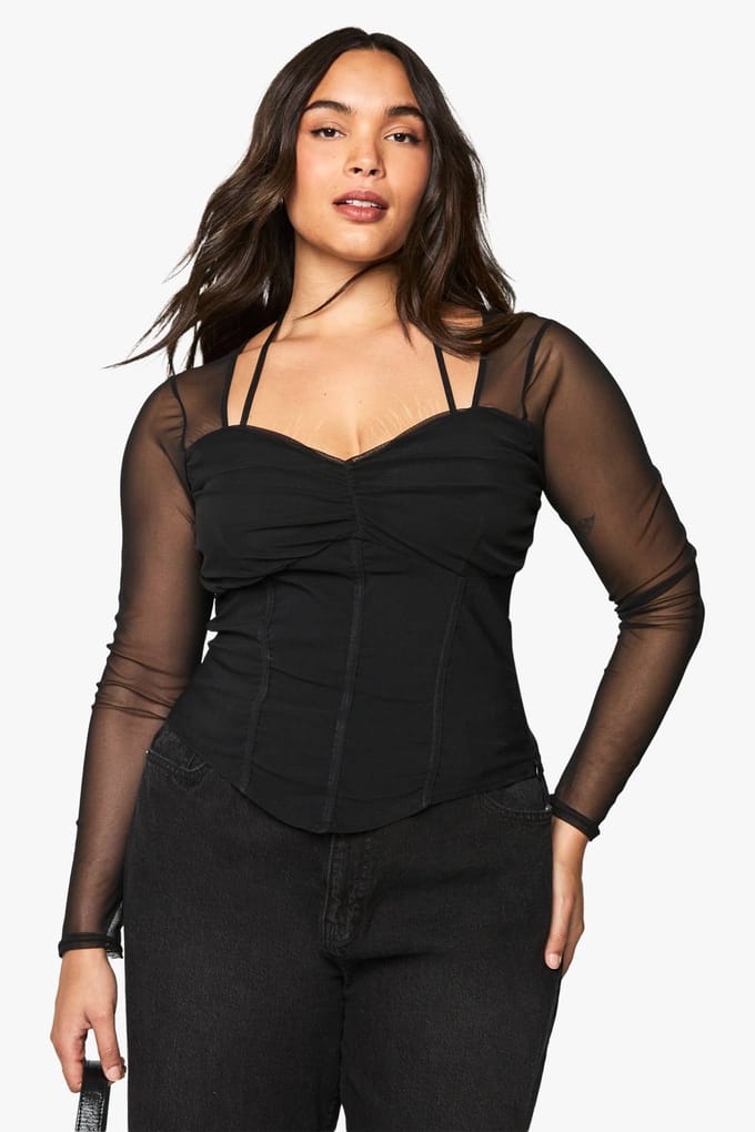 boohoo Dames Plus Bengaline Corset Top met Mesh Mouwen | Zwart | Maat: 48