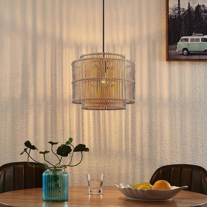 Lindby - Hanglamp - 1licht - Bamboe, staal - H: 32 cm - E27 - natuurlijk bamboe, zwart