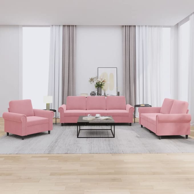 vidaXL - 3-delige - Loungeset - met - kussens - fluweel - roze