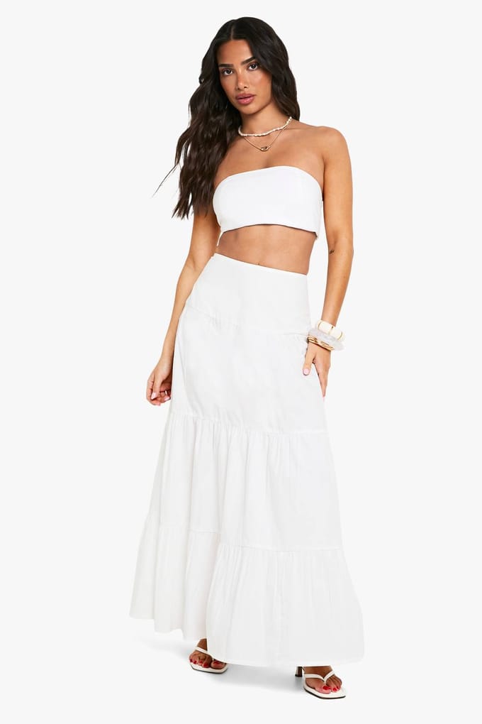 boohoo Dames Petite Cotton Poplin Gelaagde Maxi-Rok | Wit | Maat: 44