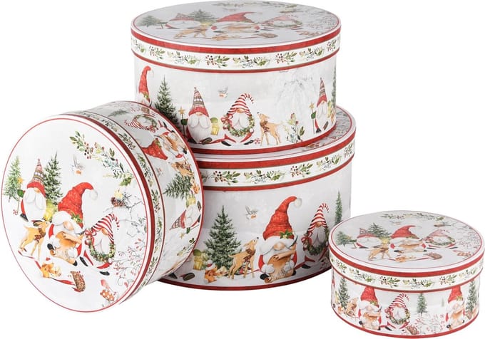 Dekoratief | Set 4 dozen rond 'Friendly Gnomes', karton, 23x23x12cm | A245045